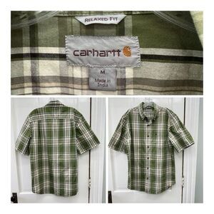 Carhartt relaxed fit button down plaid shirt men's medium green, cream
